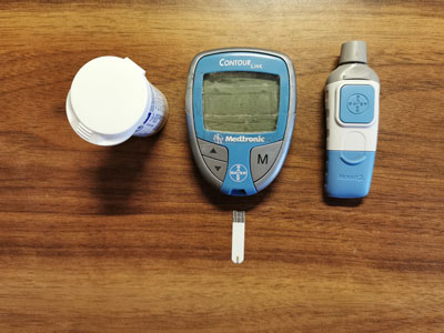 A typical blood glucose testing kit